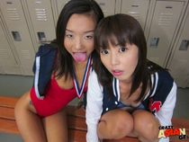 Young Asian amateur Alina Li and friend flashing flat chests